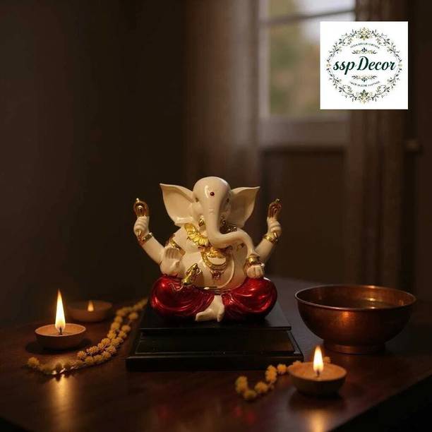 sspdecor Marble Ganesha Idol Gold Plated With Base 7"(White, Red, Golden) Decorative Showpiece  -  20 cm