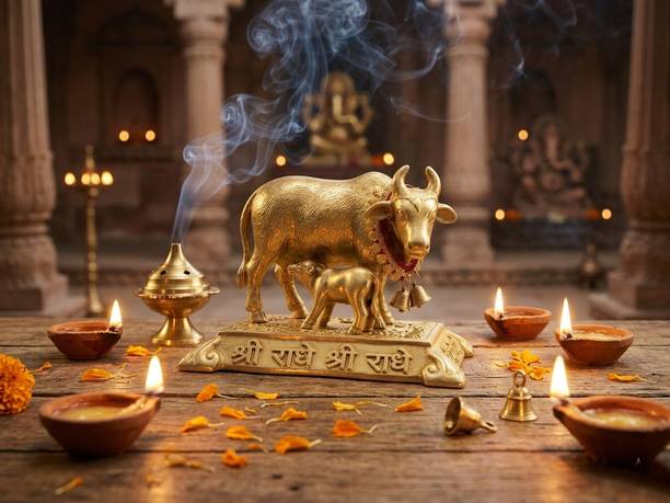 anilStore Kamdhenu Cow Calf Idol for Home Temple | Elegant Golden Decorative Statue डेकोरेटिव शोपीस - 4 cm