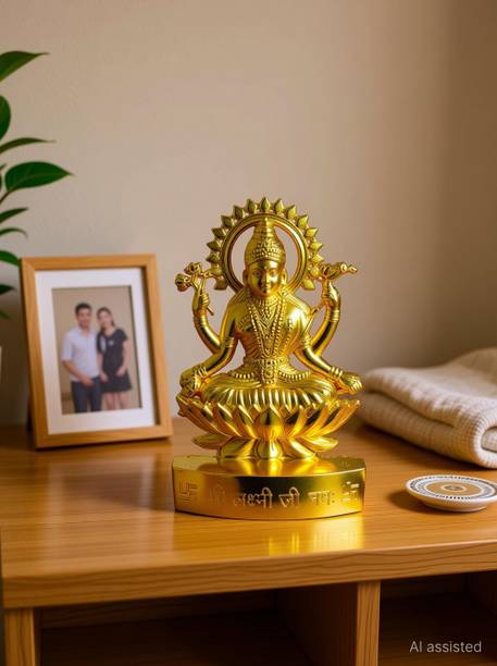 sanskaari Laxmi Devi Idol Statue Figurine Sculpture Maa Lakshmi Sitting on Lotus Flower Decorative Showpiece  -  12 cm
