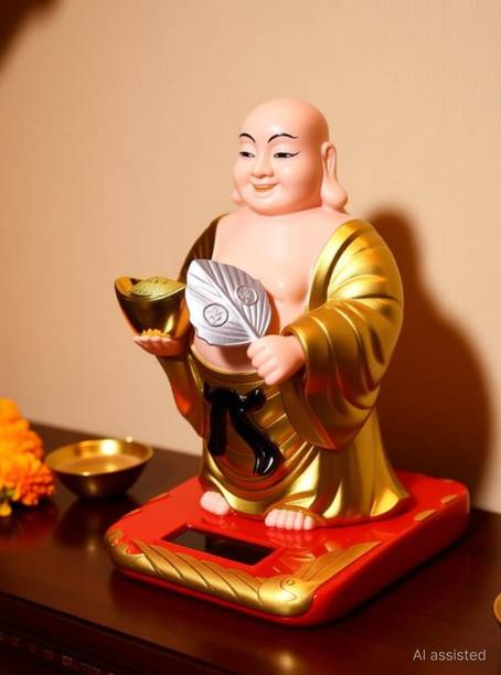 Aakriti PNOTED Solar Laughing Buddha Waving Fan Moving Head & Fan for Health Wealth Decorative Showpiece  -  10.3 cm