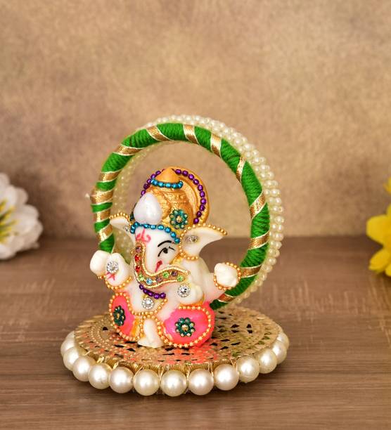 UniqueArt Lord Ganesha Idol on round base Figurine Showpiece Hindu Polyresin Showpiece Decorative Showpiece  -  8 cm
