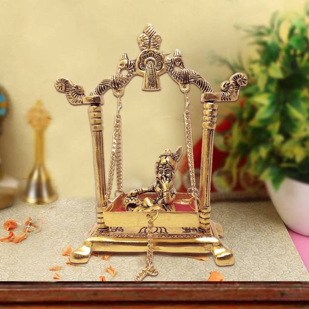 Hastcraft Laddu Gopal on Jhula Palna with String to Swing, Gold Plated Gift Krishna Statue Decorative Showpiece  -  19.5 cm