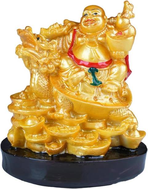 TOPLUCK Golden Laughing Buddha with Dragon Statue for Wealth and Prosperity Decorative Showpiece  -  7 cm