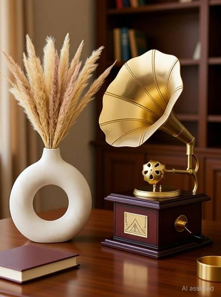 HOOMERT Gramophone Showpiece & Donut Flower Vase Set of 2 | Home Décor for Living Room Decorative Showpiece - 25 cm