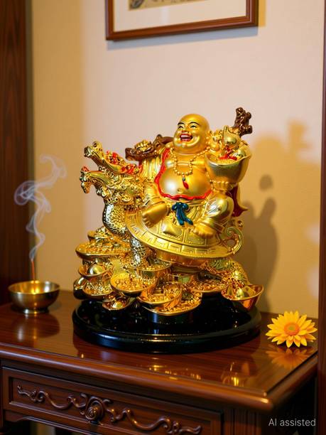 GiftnGlory Vastu/Feng Shui Lucky Laughing Buddha on Dragon Decorative Showpiece - 17 cm