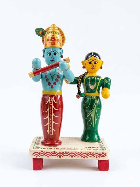 kydonest Radha Krishna Wooden Figurine, Hand-Painted Kondapalli Toy Decorative Showpiece - 11 cm