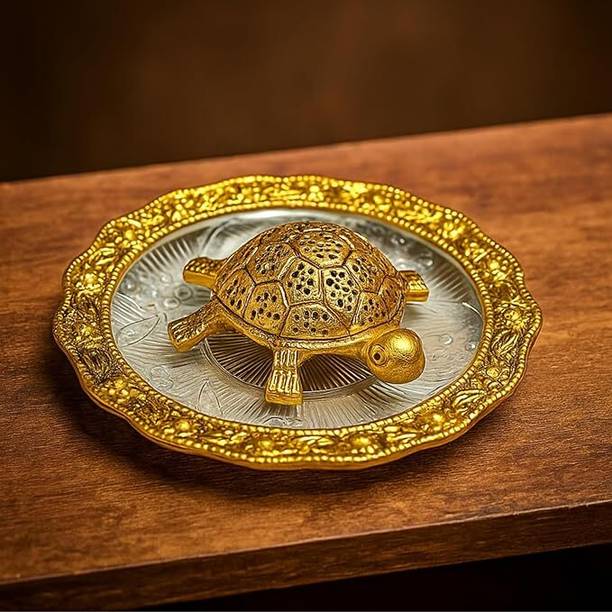 SATVANG Metal Feng Shui Golden Tortoise on Glass Plate - 5.5 inches (Pack of 1) Decorative Showpiece  -  3 cm