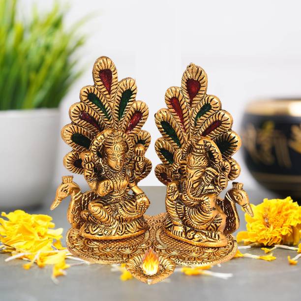 NOKTUS Metal Lakshmi Ganesh Idol with Diya Ganesh ji, Laxmi Ji Idol, Peacock Design Decorative Showpiece  -  14 cm