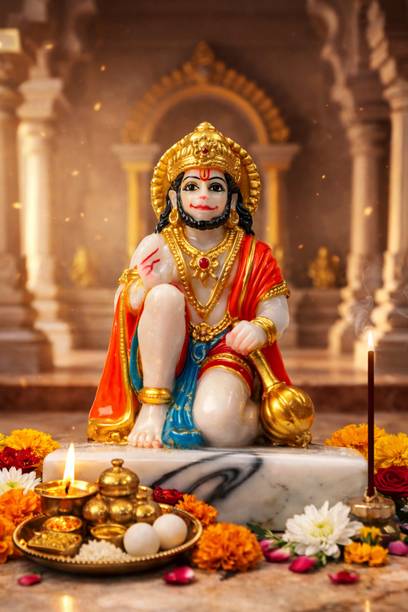 Devayam Hanuman ji, Marble Moorti (Sitting), Hand Casted & Painted using age old method, Decorative Showpiece  -  9.5 cm