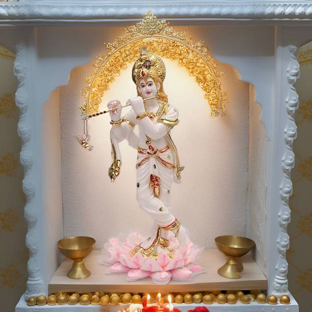 ASHA ART Krishna Marble Idol on Lotus krishna murti Marbel Multicolour White, 30 cm Decorative Showpiece  -  30 cm