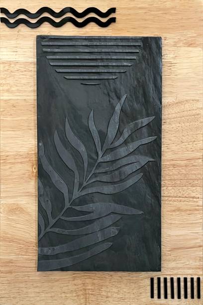 NIKSANG Palm Leaves Engraved On Grey Stone Fixed Wooden Frame Wall Art Decorative Showpiece  -  40 cm