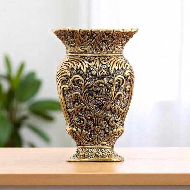 KridayKraft Decorative Metal Vase, Flower Pot Antique Gold Finish, Baroque Floral Pattern, T Decorative Showpiece  -  19 cm