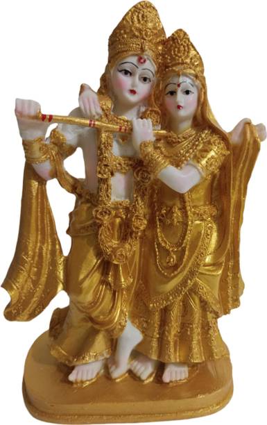 HUBZONES Gold Antique Finish Lord Radha Krishna Love Couple Statue Hindu God Makhan chor Decorative Showpiece  -  21 cm