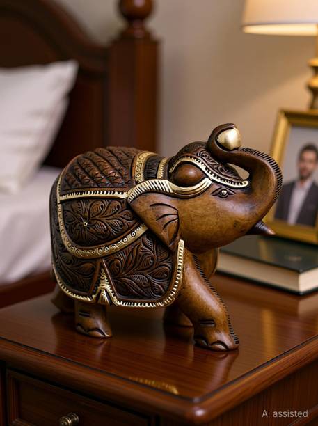 ANSH OUTLET Wooden 3 Inches Antique Look Elephant Showpiece for Home Decoration of Bedroom Decorative Showpiece  -  7.2 cm