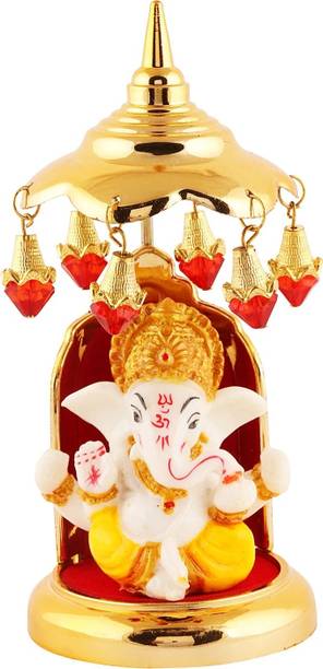 jagriti enterprise marble ganpati idol with gold plate umbrella for car mandir decor Decorative Showpiece  -  14.986 cm