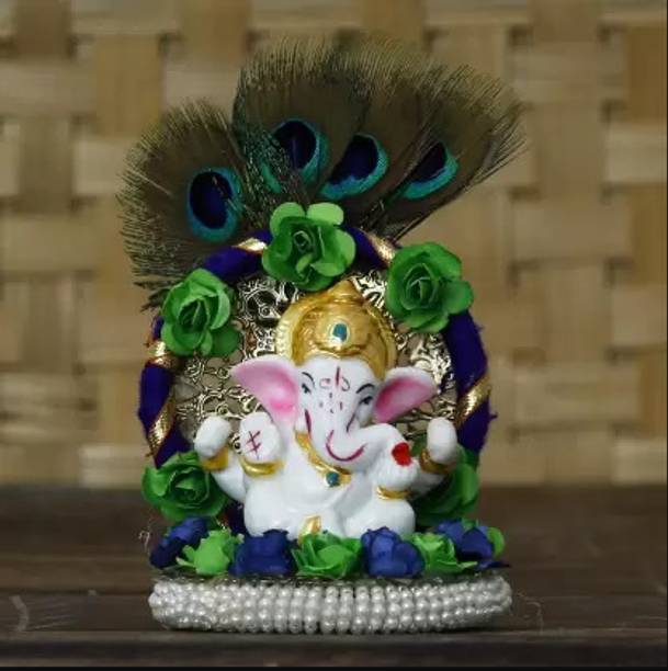 eCraftIndia Lord Ganesha Idol on Handcrafted Floral Plate with Peacock Feather ( Pack of 2) Decorative Showpiece  -  13 cm