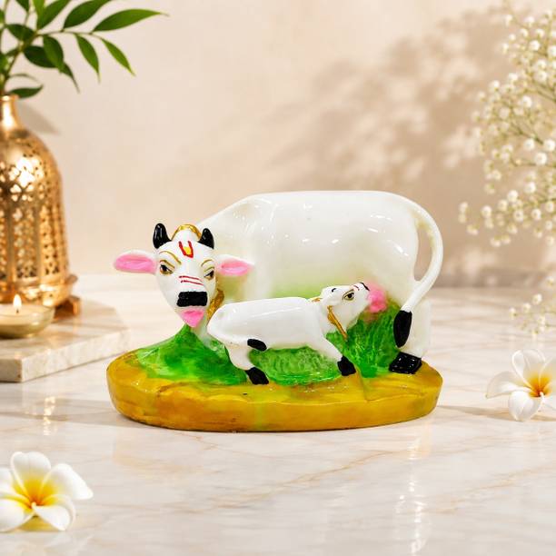 MRtales Decorative Kamdhenu Cow and calf statue/Idol for Pooja, home and Office Decorative Showpiece  -  8 cm
