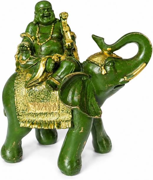 BSMST LAUGHING BUDDHA ON ELEPHANT-GREEN Decorative Showpiece  -  15 cm