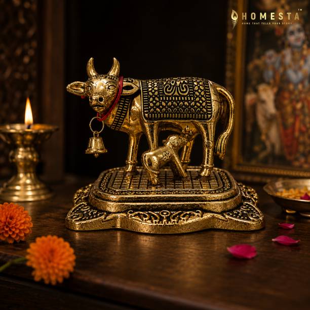 HOMESTA Kamdhenu Cow & Calf Decorative Idol Decorative Showpiece  -  7 cm