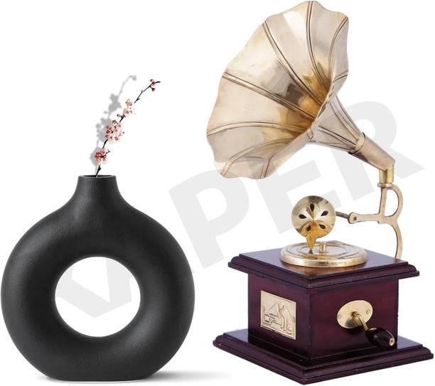 KAPER Gramophone Showpiece With Ceramic Flower Vase Combo for Home Office Table Decor Decorative Showpiece  -  10 cm