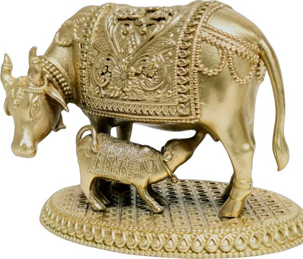 Decorlite Size : 10 Brass Cow & Calf Statue Decorative Animal Figurine for Home & Pooja Decorative Showpiece  -  10.5 cm