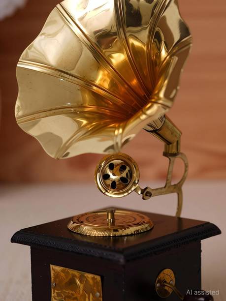 KAAC HANDICRAFTS Premium Rajasthani Antique Vintage Sparkle Square Brass Gramophone Decorative Showpiece  -  17 cm