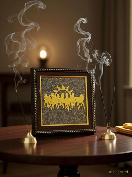 Multiagate 7 Horses Wall Decor on Raw Pyrite Frame - Seven Horses with Sun Decorative Showpiece  -  17 cm