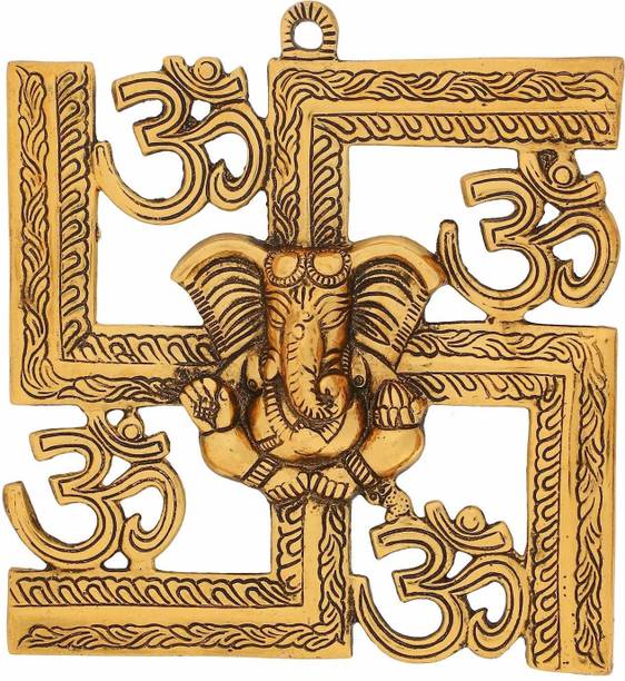 Aaradhy Creations Brass Swastik Ganesh / Swastik Om Ganesh / Brass Ganesh Statue / Religious Idol / Wall Hanging Ganesh / Home Decor Show piece Gifts / Wall Sculpture / Modern Wall Art / Home / Office / Café Décor / Home Accent / Wall Decor / Room Décor / Showpiece / Ganesha Figurine Decorative Showpiece  -  23 cm