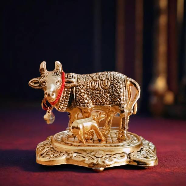 COLORSOFLIFE Premium Golden Cow and Calf| Kamdhenu|Golden Home /Office Showpiece Decorative Showpiece  -  5 cm
