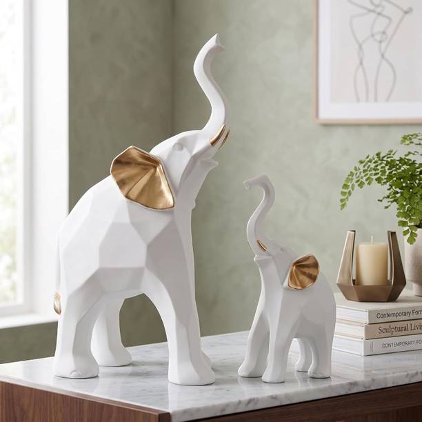 AdecorzS White Resin Decorative Elephant Figurines Set of 2 Decorative Showpiece