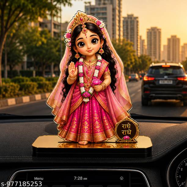 Makertech Gifting Decorative Lord Radha Rani Golden Acrylic Stand for Car Dashboard, Home Mandir Decorative Showpiece - 10.5 cm