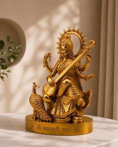 KARUNAMAYI VENTURES Golden Maa Saraswati Idol Statue for Home Temple Decorative Showpiece  -  10 cm