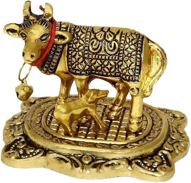 The Healing Store Kamdhenu Cow with Calf Idol, Gold, Metal Figurine डेकोरेटिव शोपीस  -  12 cm