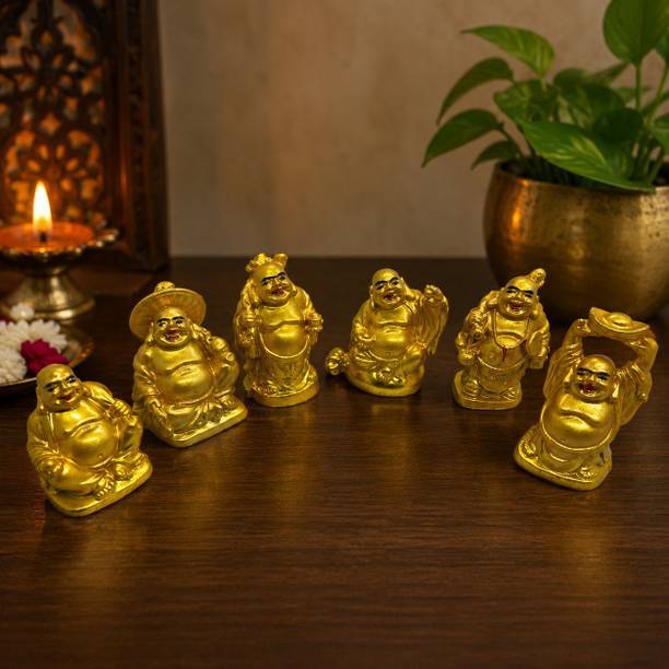 Shree shyam store 7 Laughing Buddha Showpiece Set with Big Money Buddha – Golden Feng Shui Buddha Decorative Showpiece - 5 cm