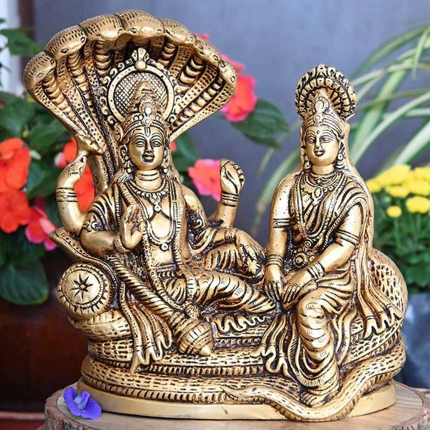 DARIDRA BHANJAN laxmi vishnu idol, Lakshmi Vishnu Ji , Gold, Standard,Brass Lord Laxmi,Vishnu Decorative Showpiece  -  12 cm