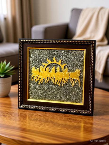 Dekofy Seven Running Horses Pyrite Stone Vastu Wealth Wall Frame Decorative Showpiece  -  18.5 cm