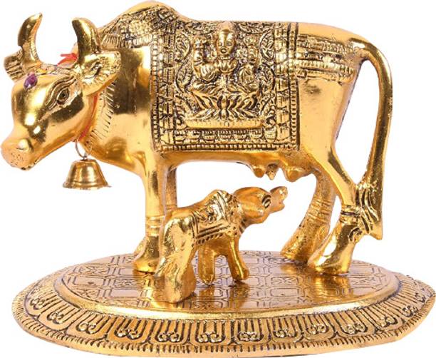 Dev Samagri Brass Kamdhenu Cow with Calf Idol डेकोरेटिव शोपीस  -  10 cm