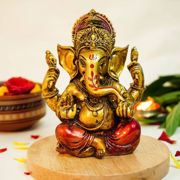 Ekhasa Antique Gold Painted Ganesha Idol (5 Inch) | Marble Dust Vinayaka Statue | Decorative Showpiece  -  14 cm