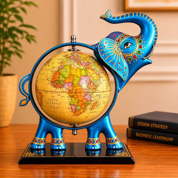 Desi Craft Decor Antique Blue Elephant Globe Metal Showpiece for Home & Office Table Decor Decorative Showpiece  -  25 cm