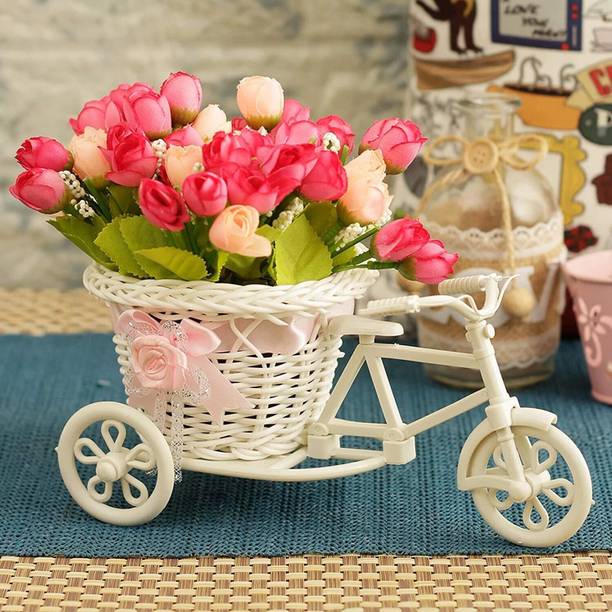 Doon Furniture House Artificial Bouquet Flowers Vase with Cycle Rickshaw Bunches Flower Pot Decorative Showpiece  -  25 cm