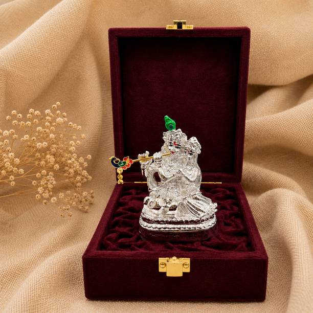 RIPIRO HOME Silver Plated Radha Krishna Sitting Idol with Velvet Gift Box Decorative Showpiece  -  8 cm
