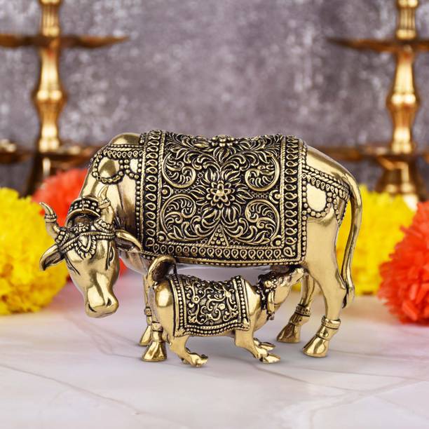 KRITILIFE Brass Kamdhenu Cow with Calf Idol 2.5 Inch for Vastu, Home Temple, Gift Decorative Showpiece  -  7 cm