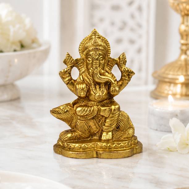 CRYSTU Brass Ganesh Ji Idol on Mushak Small Size for Home Mandir Pooja Decor Gift 140 g Decorative Showpiece  -  5 cm