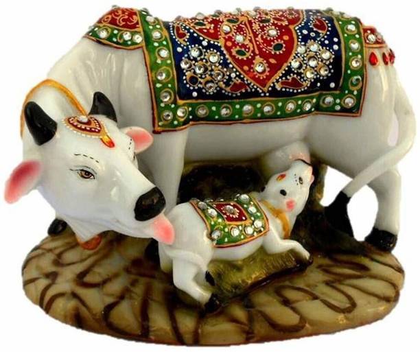 Jiyansh Creation Statue of Marble dust/Polyresin Cow and Calf Showpiece डेकोरेटिव शोपीस - 12 cm