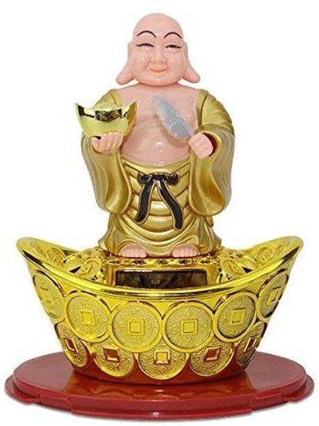 DIVINE PNOTED Solar Laughing Buddha with Waving Fan Decorative Showpiece  -  15 cm