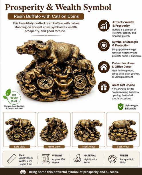TAMANNAAIOSTORE Golden Resin Feng Shui Wealth Ox & Cow Idol for Good Luck Decorative Showpiece  -  9 cm
