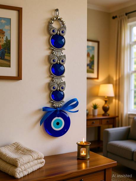 sculpmart Triple Owl Evil Eye Hanging Nazar Battu Ornament for Main Door & Wall Hanging Decorative Showpiece  -  23 cm