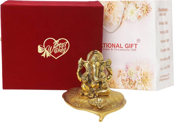 SMILES GIFT Gold Plated Patta Ganesh Idol | Best Wishes Tag With Box & Bag | For Pooja Decorative Showpiece  -  10 cm