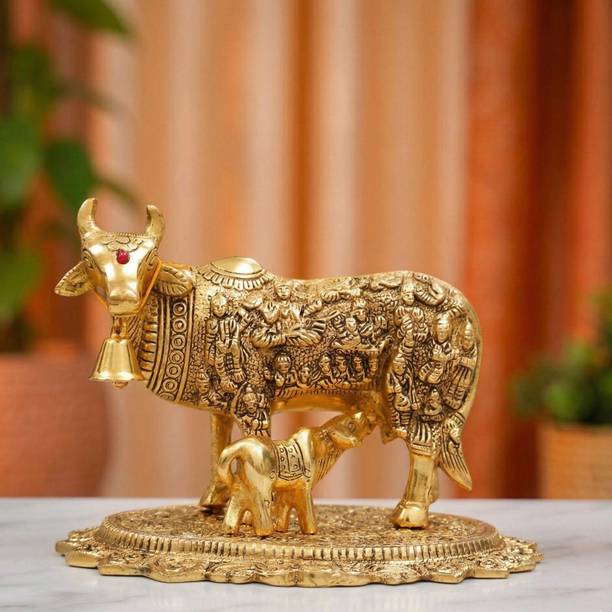 KridayKraft Kamdhenu Cow Metal Statue,Vastu Showpiece,Gau Mata for Pooja,Gift Article,Animal Decorative Showpiece  -  17 cm
