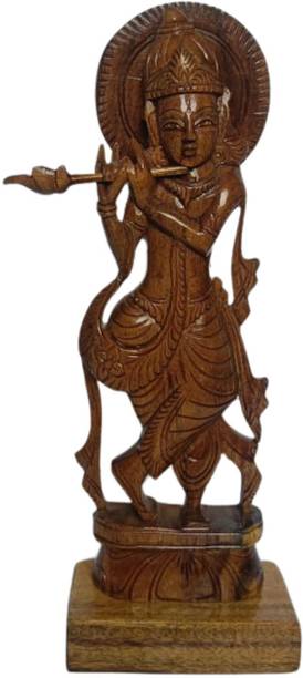 MAMPI ENTERPRISE Handcrafted Wooden Lord Krishna Idol Flute Playing Murti for Home Décor Decorative Showpiece - 29 cm